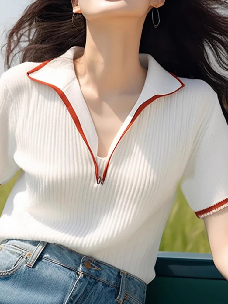 Faionable Top lavorato a maglia in seta ghiacciata f Zip ort Sve Base per pendolari irt Design Sensation Linea di colori a contrasto Estate Sle