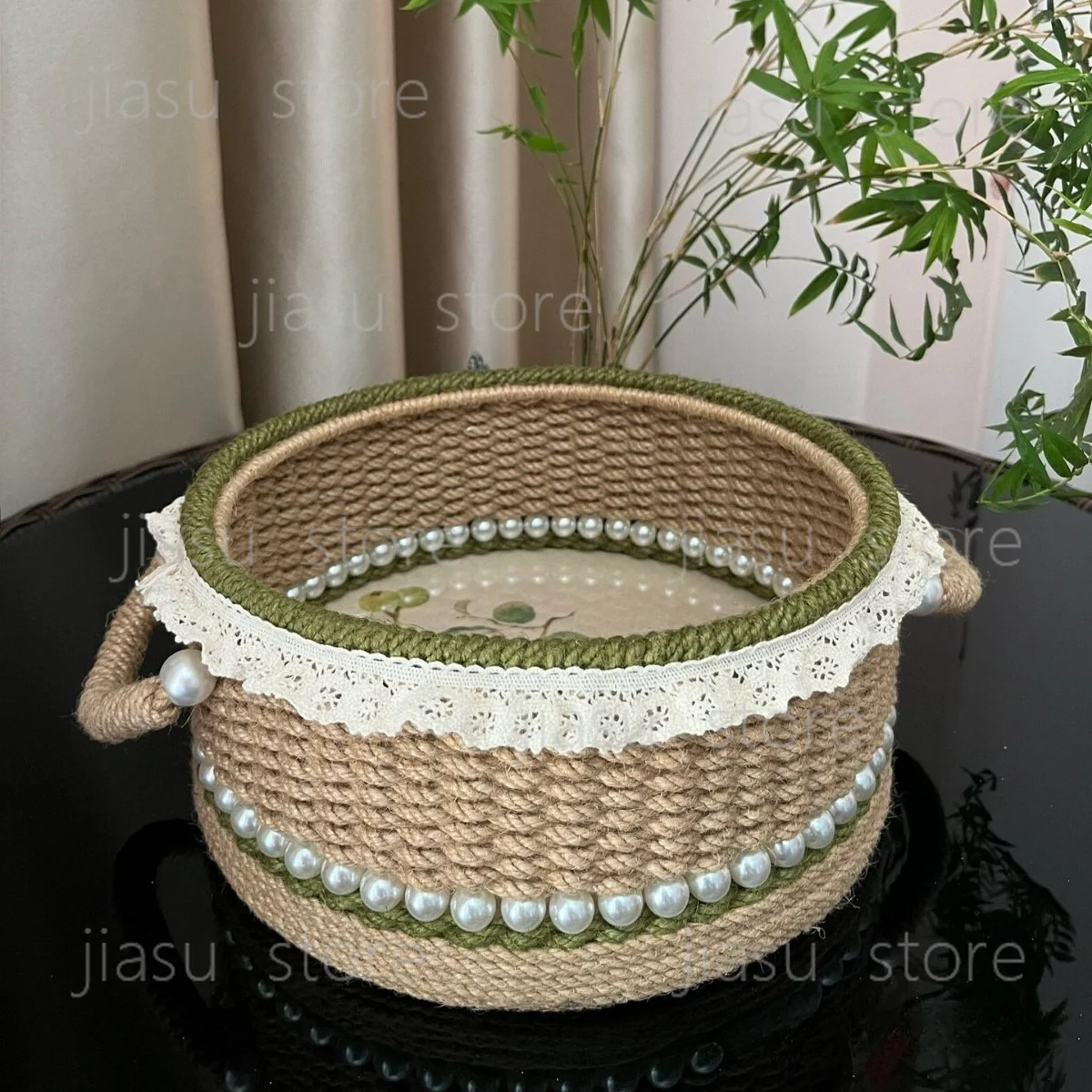 

Handmade Hemp Rope Woven Basket Double Handle Round Storage Bin Retro Chinese Style Home Decor