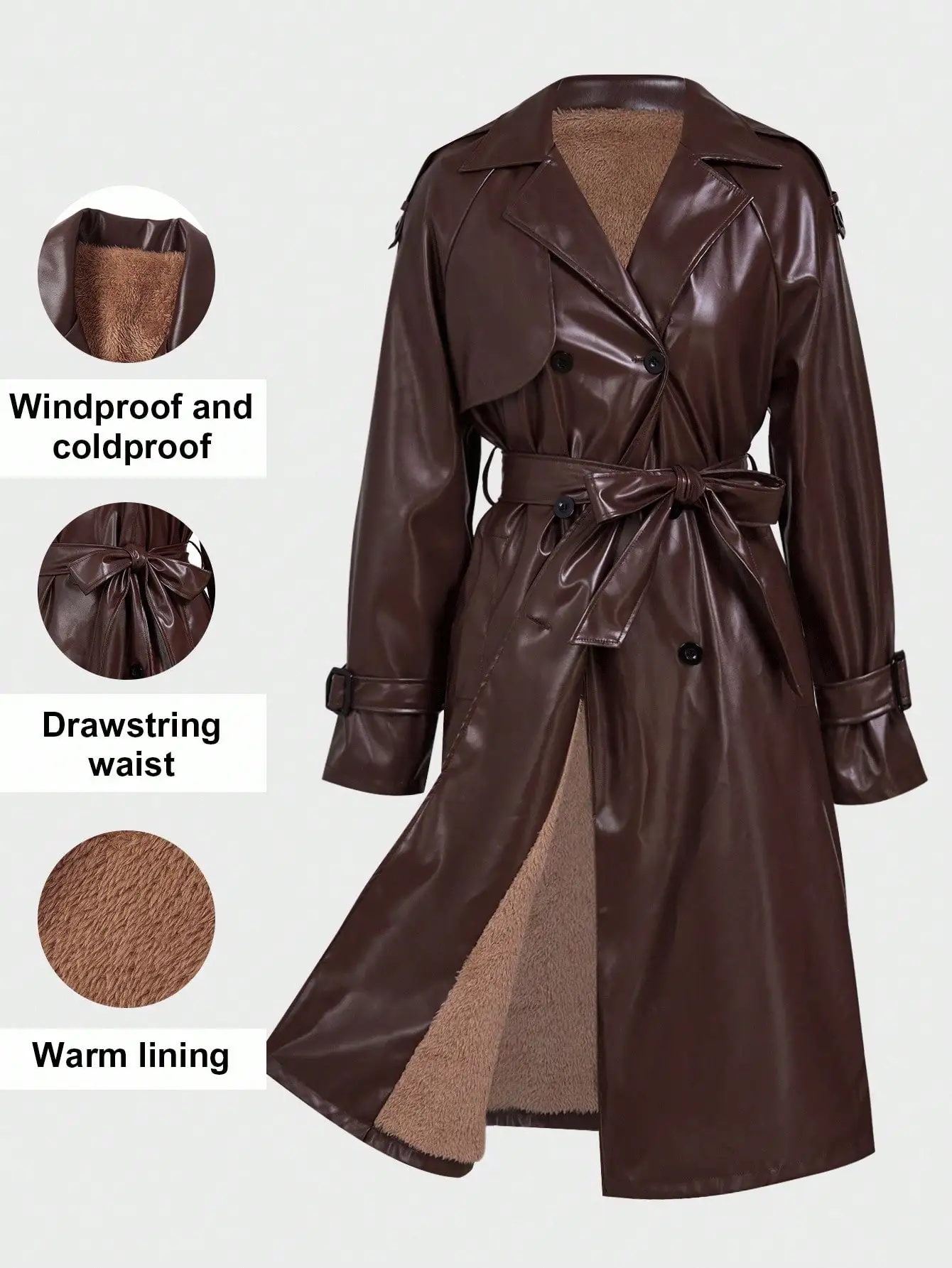 معطف طويل نسائي من الجلد الصناعي مع بطانة من الفرو الصناعي، خصر مربوط، سترة واقية من الرياح دافئة للشتاء