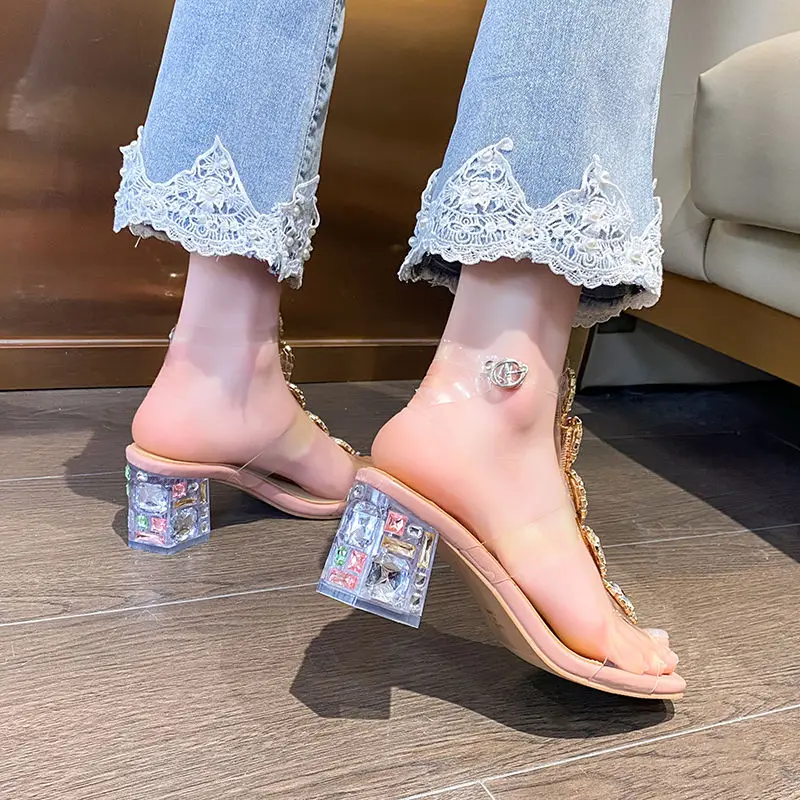 Plastic Sandal Block Heels 2023 Summer Sale Of Women\'s Shoes Suit Female Beige Buckle Strap All-Match Transparent Chunky Fashion