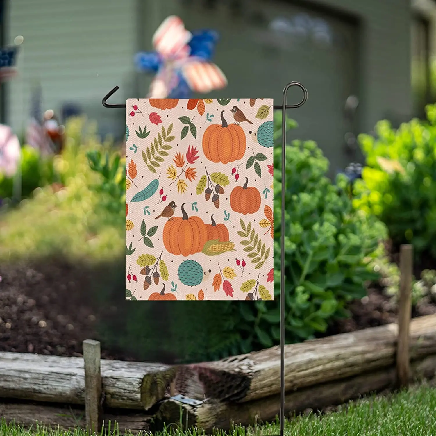 Autumn Colorful Thanksgiving Day Burlap Garden Flag Double Sided,House Yard Flags,Holiday Seasonal Outdoor Decorative Flag Banne