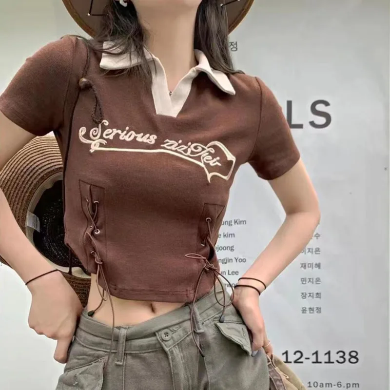 

American Retro Y2k T-shirt For Women Sexy Girl Crop Tops Brown Bandage Punk Style Streetwear Summer Trend Short Sleeve Versatile