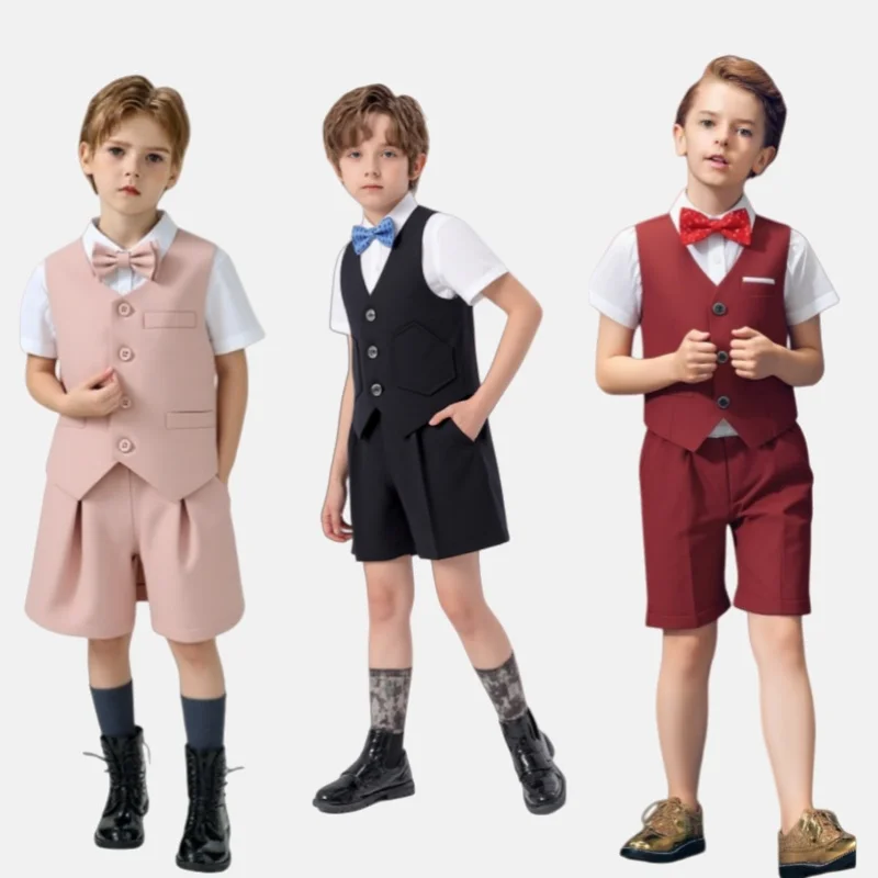 

Kids British Style Piao Host Speech Performance Costume Boys Vest Shorts Bowtie 3Pieces School Graduation Party Photography Suit