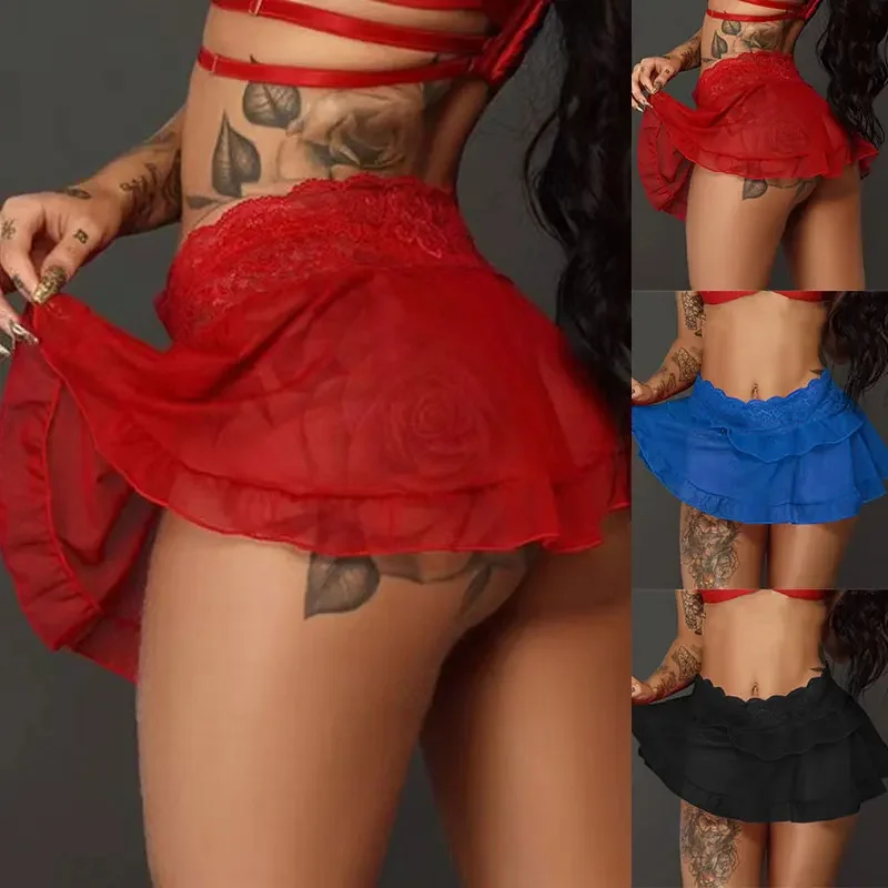 Lässiger schwarzer Minirock über dem Knie, Sommer-Tanz, kurze Röcke, Ultra-Mini-Sexy-Rock für Frauen, Spitzen-Rüschenrock, Party, Club-Kleidung – Detail 10