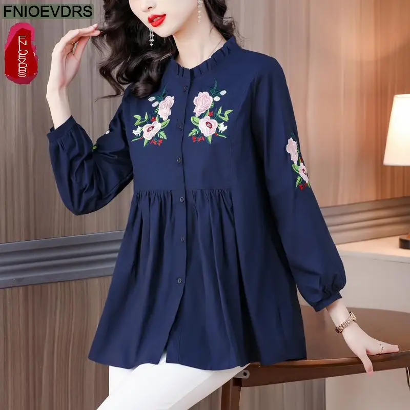 

L-4XL Loose Clothes Women 2023 Cute Cotton Linen Embroidery Tops Blouses Retro Vintage Peplum Tunic Belly Button Ruffles Shirts