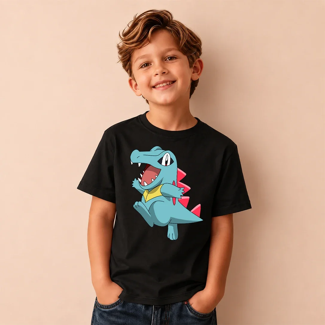 Kids Pokemon Totodile Print Short Sleeve T-Shirt Boys Cartoon Graphic Casual Tee Children Birthday Gift