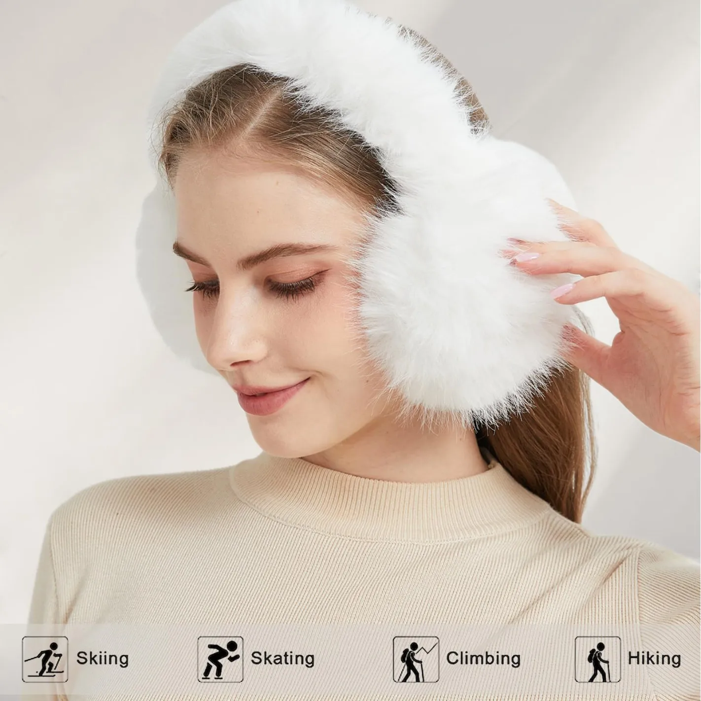 أغطية أذن من فراء الأرنب الصناعي - قابلة للطي ولطيفة بلون سادة مقاومة للرياح للشتاء في الهواء الطلق