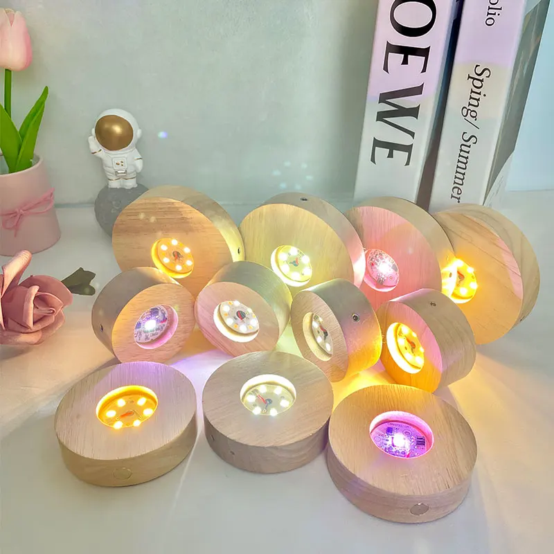 8CM Creative DIY Wooden Luminous Lamp Holder Touch Switch Rechargeable LED Light Dispaly Base Crystal Glass Resin Art Ornament