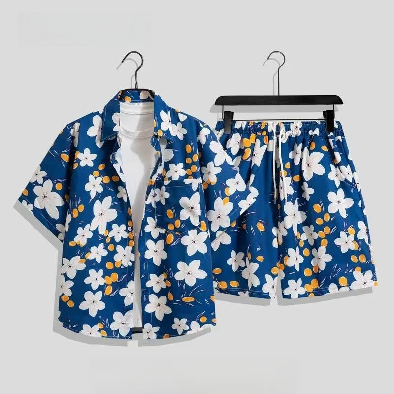 

Summer Men's Beach Vacation Floral Shirt Set Large Size Loose Casual Hawaiian Short Sleeve Flower Shirt Shorts Two Piece Set