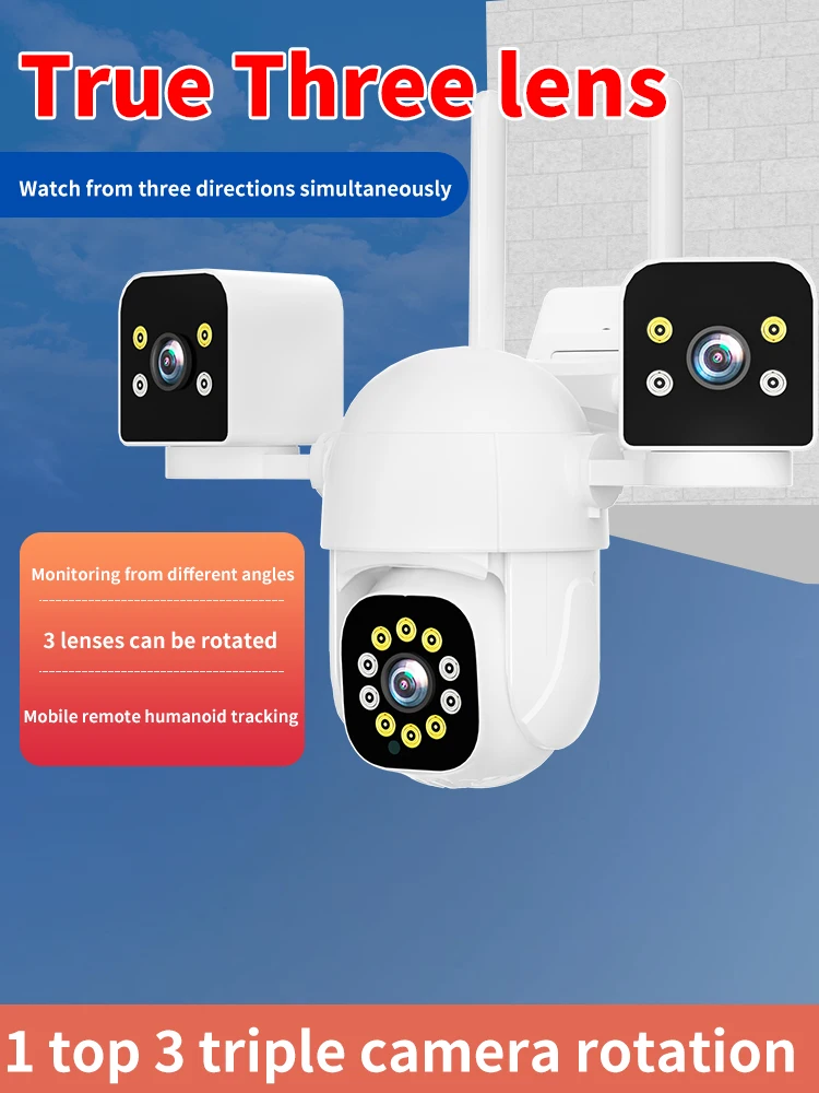 12MP 3 Lens WiFi IP Camera PTZ Outdoor Night Vision Three-screen Human Detection Two-way Voice Security Video Surveillance CCTV