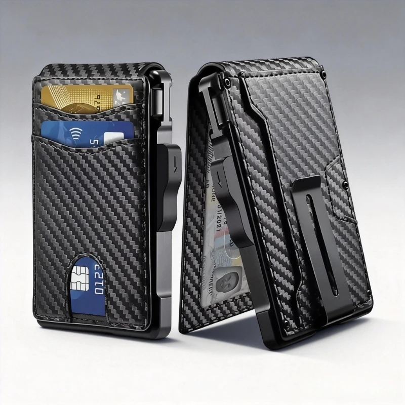 

Элегантный мужской картхолдер для кредитных карт, модный выдвижной чехол для банковских карт, карбоновый минималистичный кошелек, подарок на праздник