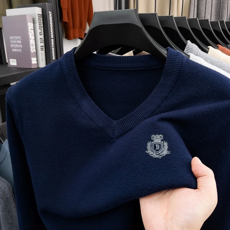 Autumn Winter Fashion Trend V‑Neck Knit Sweater Embroidered Long Sleeve Solid Color Pullover Tops Commuting Versatile Men's Wear