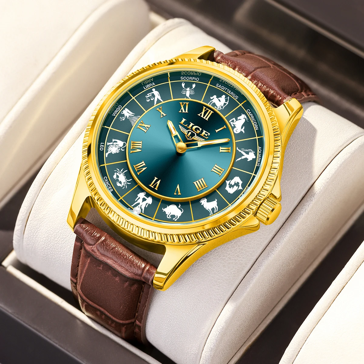 LIGE Quartz Man Watch Fashion Luxury Creative Constellations Dial Design Leather Casual Life Waterproof Watches for Men Gift+Box