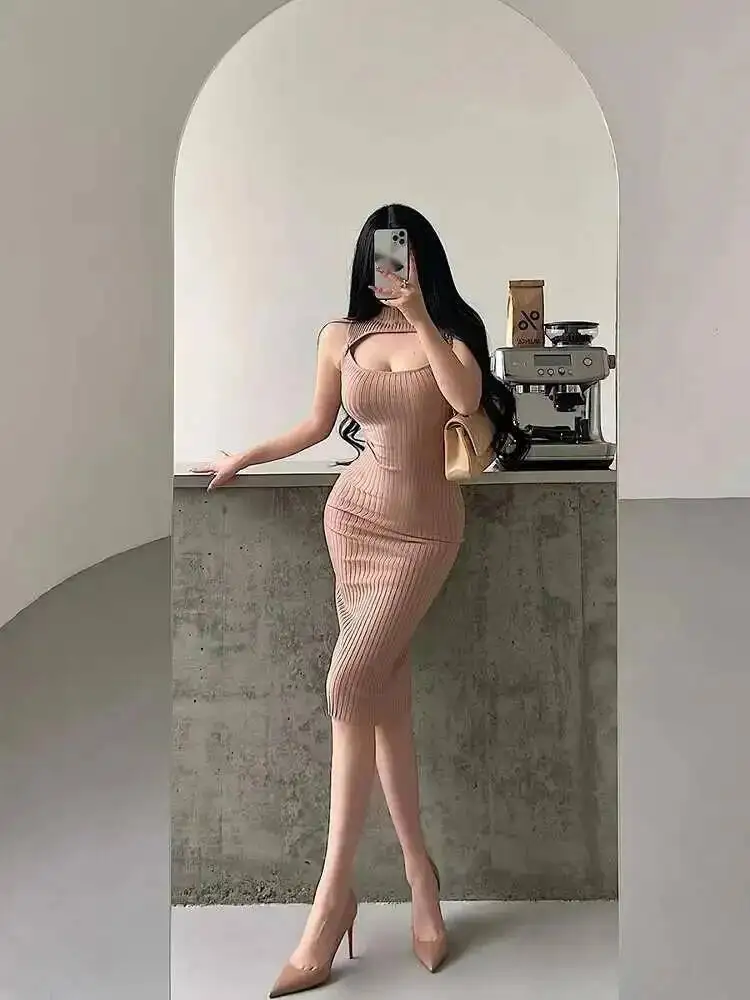 Pure Desire – robe mi-longue tricotée, Sexy, poitrine creuse, petit col haut, sans manches, enveloppant les hanches, robes élégantes, hauts 7LE7