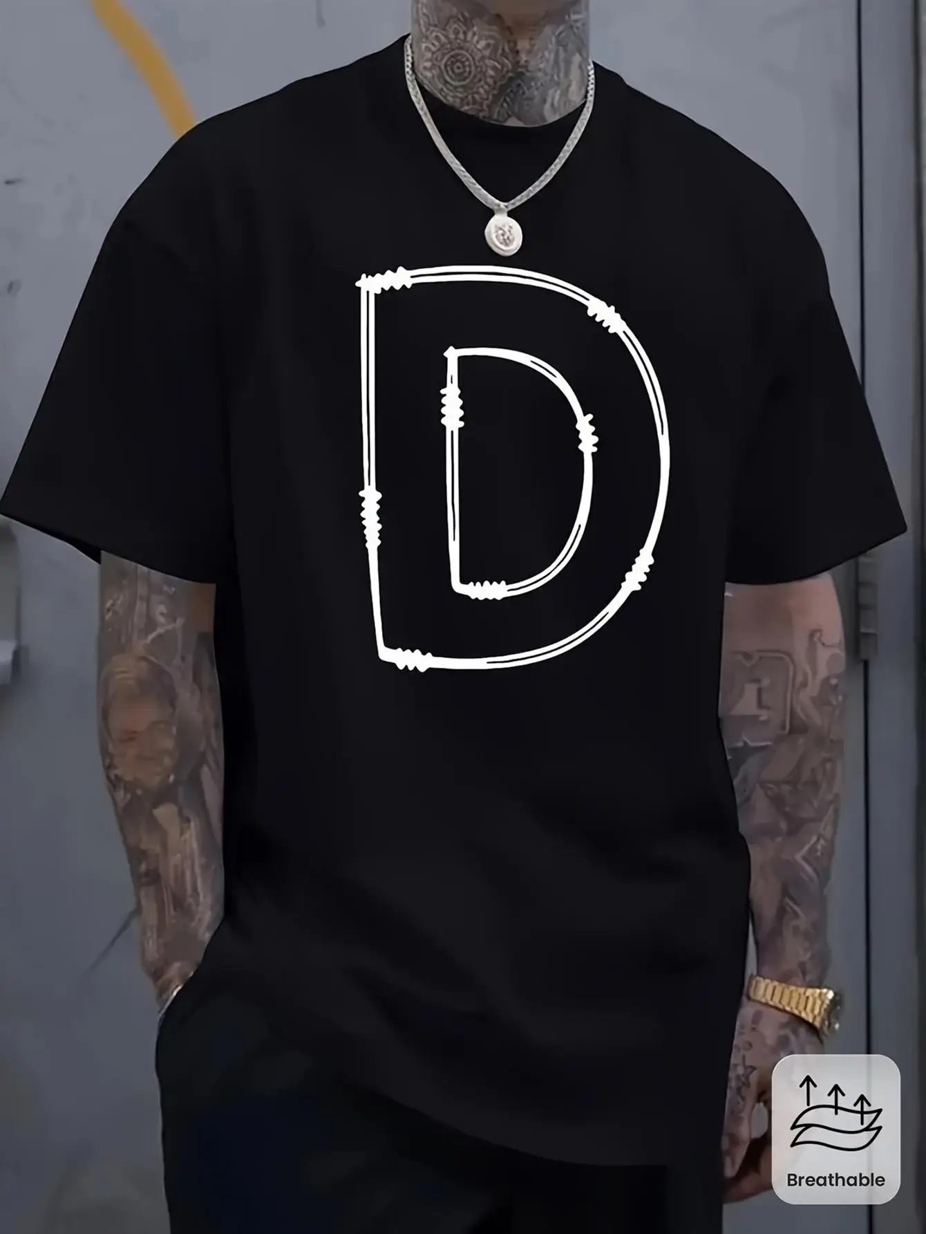 Men's Heavyweight T-Shirt - Loose-fit round-neck T-shirt with letter D wire mesh design, suitable for casual everyday wear in all seasons (machine washable) - An ideal gift for everyday and special occasions, a versatile wardrobe essential - 1-piece pack