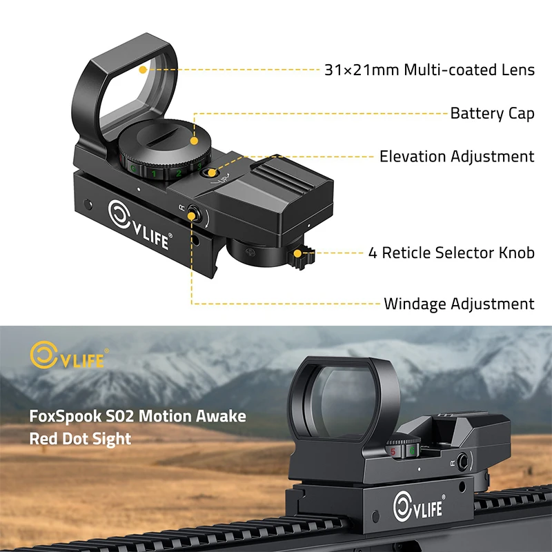 

CVLIFE Optics Scope Motion Awake Multi Reticle Green Red Dot Sight Reflex Sights for Picatinny Rail Absolute Co-Witness Aluminum