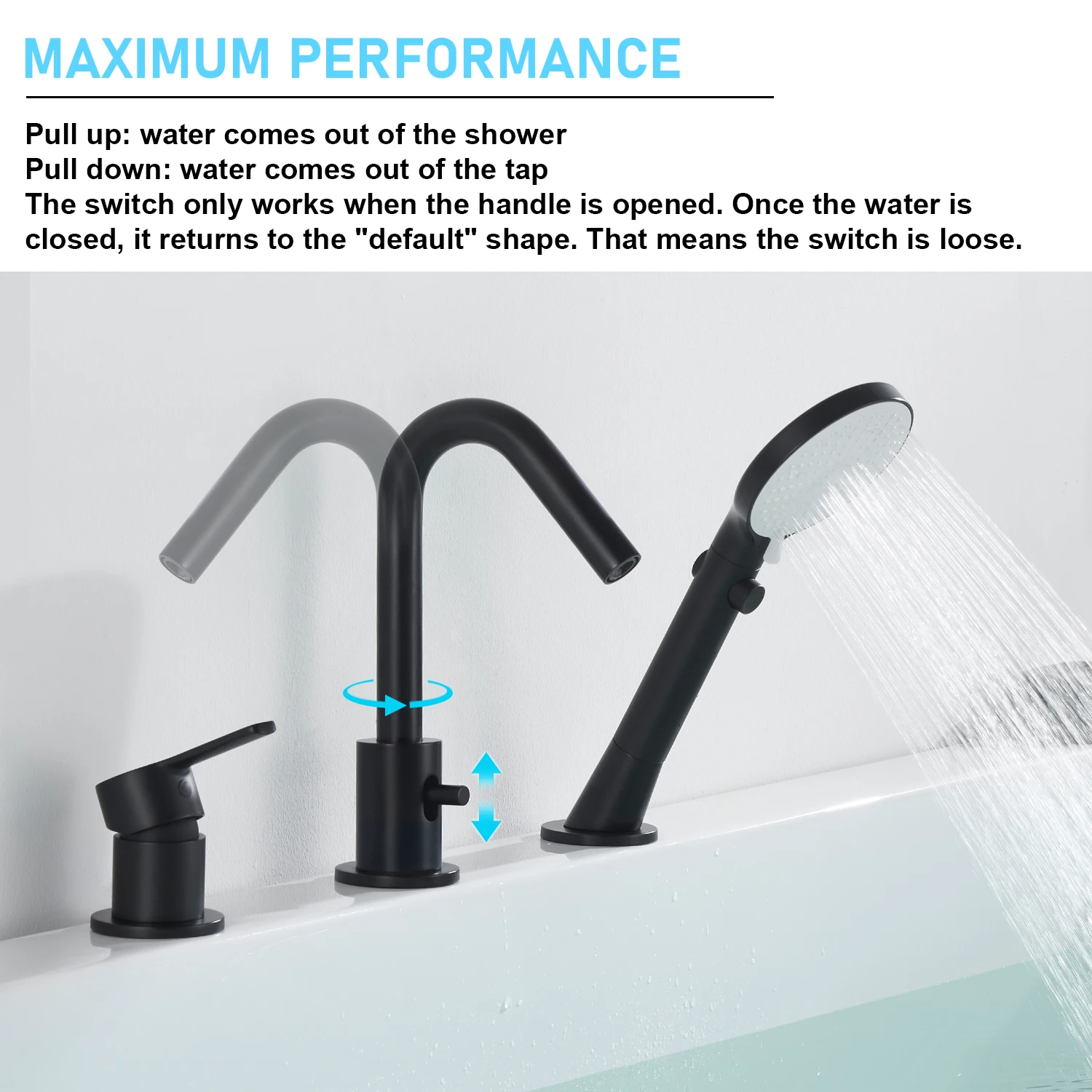 Matte Black 3 Hole Bathtub Faucet Deck Mounted Tub Tap Bathroom Faucet Tap