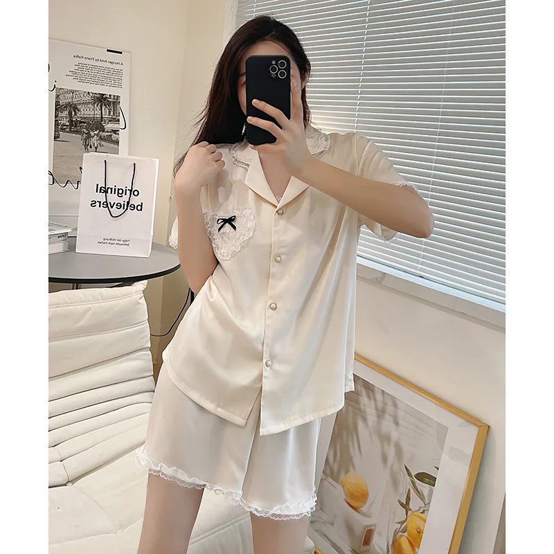 

Summer New Sweet Korean Soft Pink Short Sleeve Short Sleeve Pajamas Women's Solid Hearts Soft Ice Silk Satin Women's Sleepwear