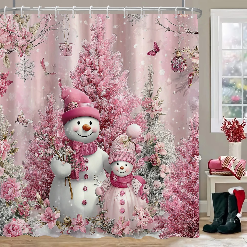 1pc Christmas snowman Printed Shower Curtain Privacy Hanging Curtain with 12 Hooks, Multiple Sizes Machine Washable