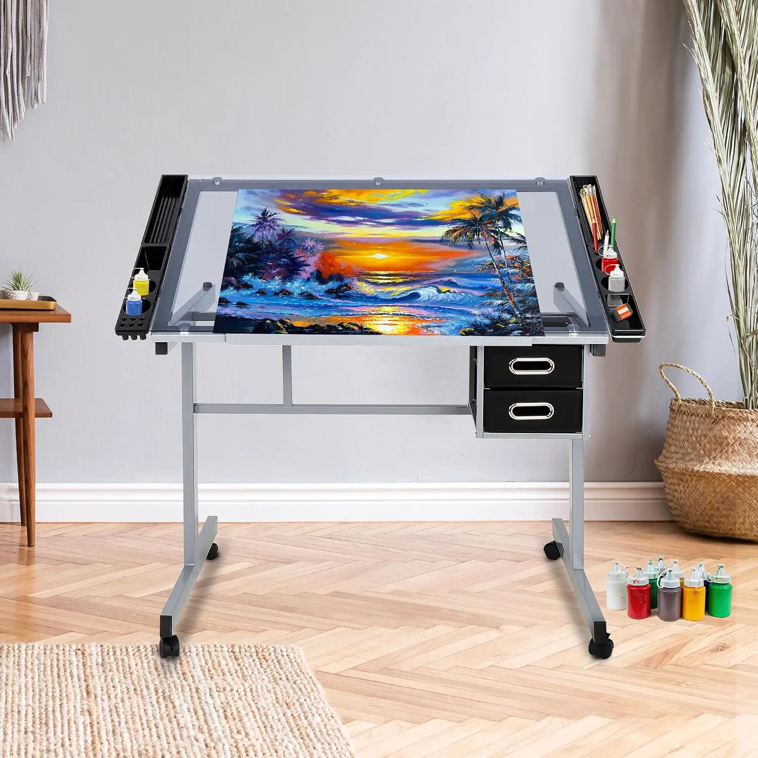 Adjustable Drafting Table Art Desk Drawing Table Versatile Art Craft Work Station Glass Tabletop w/2 Slide Drawers, Customized