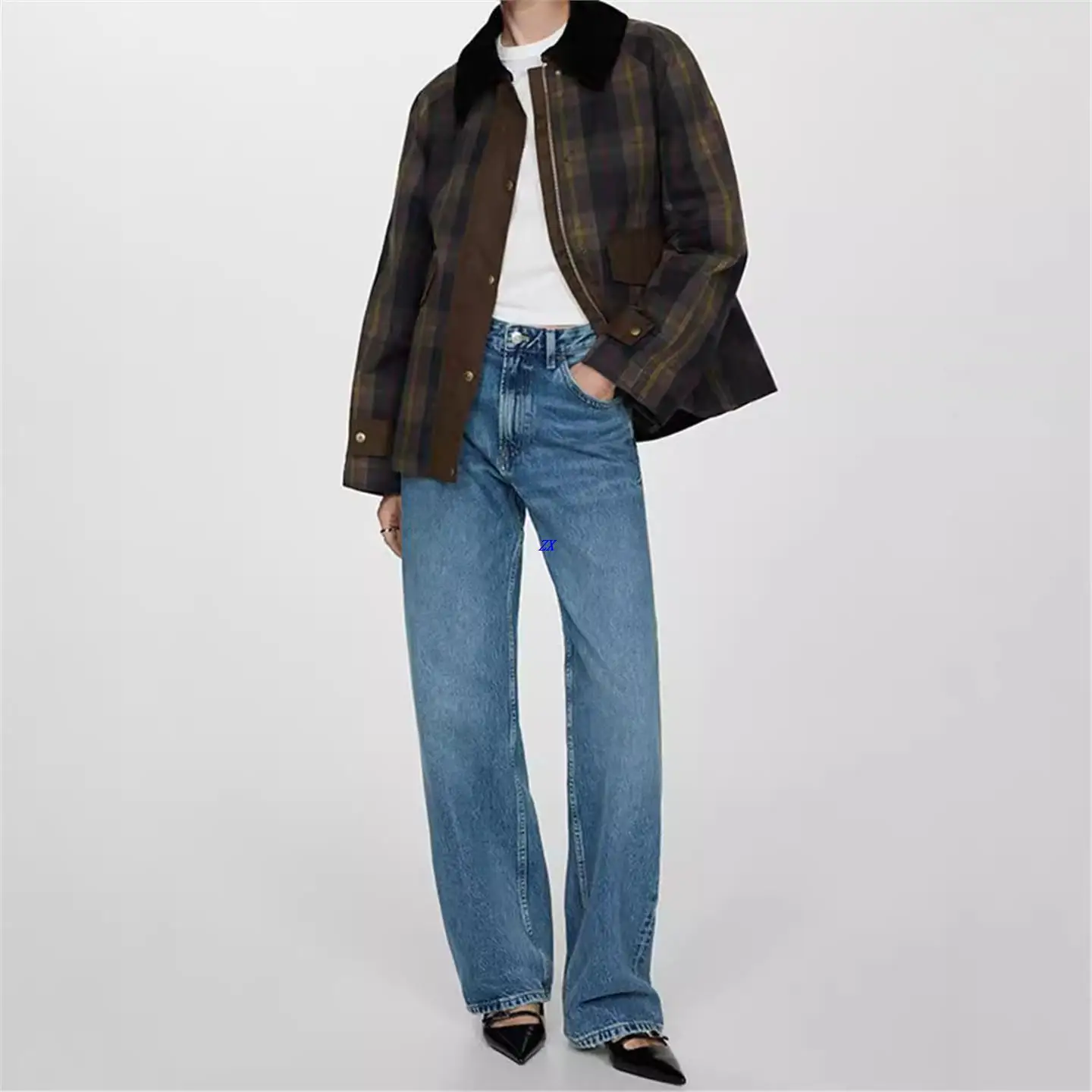 

Plaid Fur Collar Jaet Long Sve Zipper Turn-down Collar Street Faion Retro Women's Woolen Outerwear Autumn 2025 PU Mate...