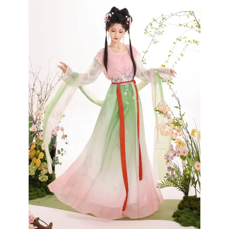 Tang Dynasty Hanfu Set Contrast Printed Tang Beizi Narrow Sleeve Round Neck Shirt High Waist Poqun Daily Chinese Outfit