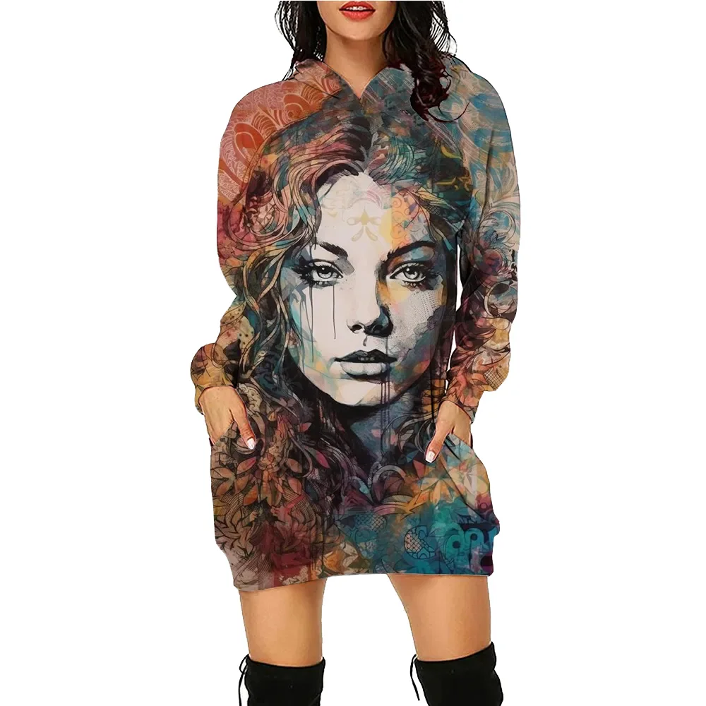 Flower Printed Hoodie Dress Women's Face Daily Workout Hoodies Long Sleeve Pullover Autumn Winter Loose Tee Traf Vestido Floral