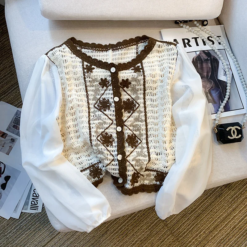 Summer Long Sleeve Crochet Knit Top Geo Embroidery Button Front Open-knit Shirts Woman Blouses Vintage Boho Outfit