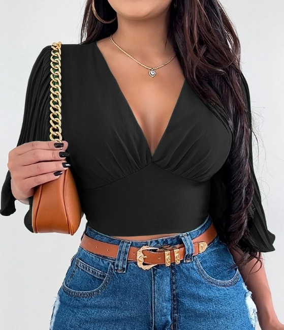 

Sexy Blouses Women Clothing V-Neck Women Top Spring Summer New Wrapped Sleeves Solid Slim Elegant Temperament Backless Blouse