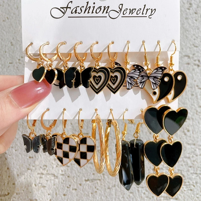 

Black Butterfly Heart Gold Color Dangle Earrings Set for Women Vintage Acrylic Pearl Hoop Earrings 2024 Trendy Jewelry Gifts