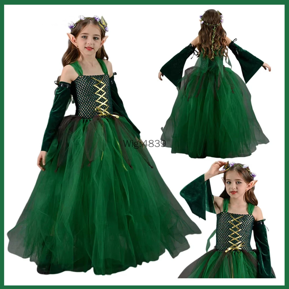 Conjunto de faldas de baile con tutú para Cosplay de elfo para niñas, vestido de actuación para escenario, pendientes de elfo para niños, disfraces de fiesta de Halloween