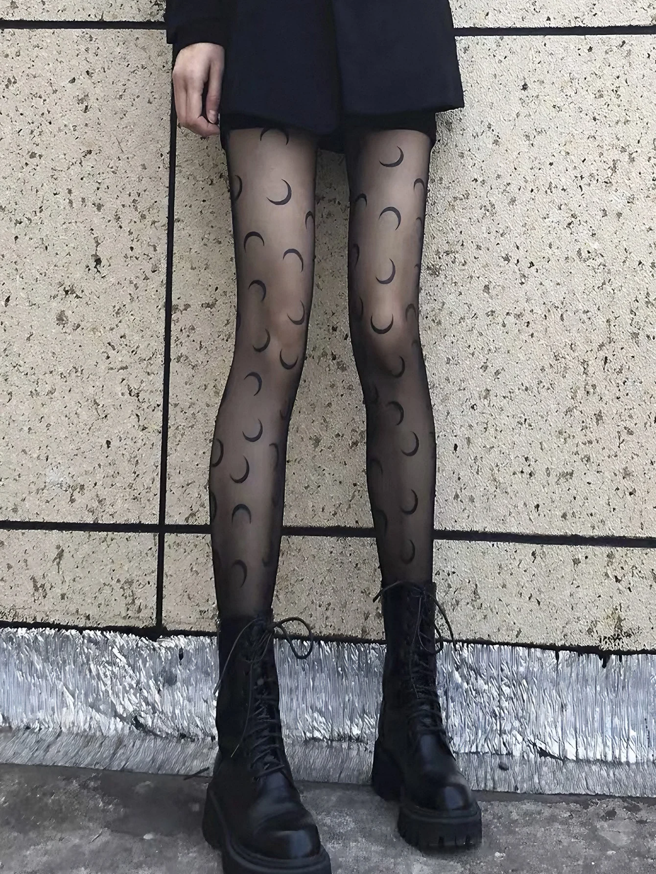 1-teilige transparente Strumpfhose mit schwarzem Mondmuster für Damen, exklusiv zum Valentinstag, romantisches Mondmuster, Anti-Snag & Abnehmen, Perf