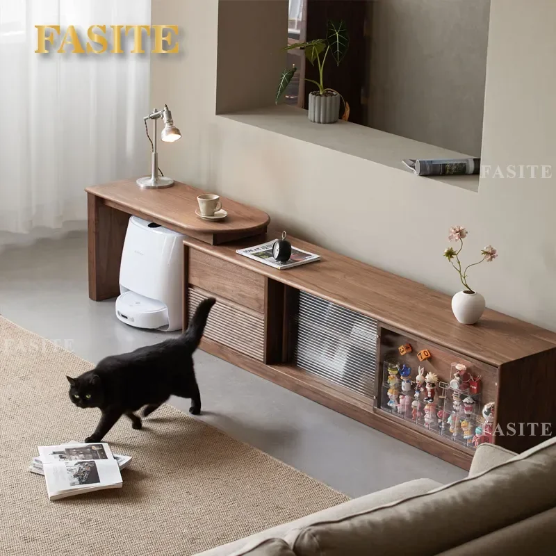 for North American Black Walnut Nordic Solid Wood Telescopic TV Cabinet Combination Floor Standing Medieval Style for Small