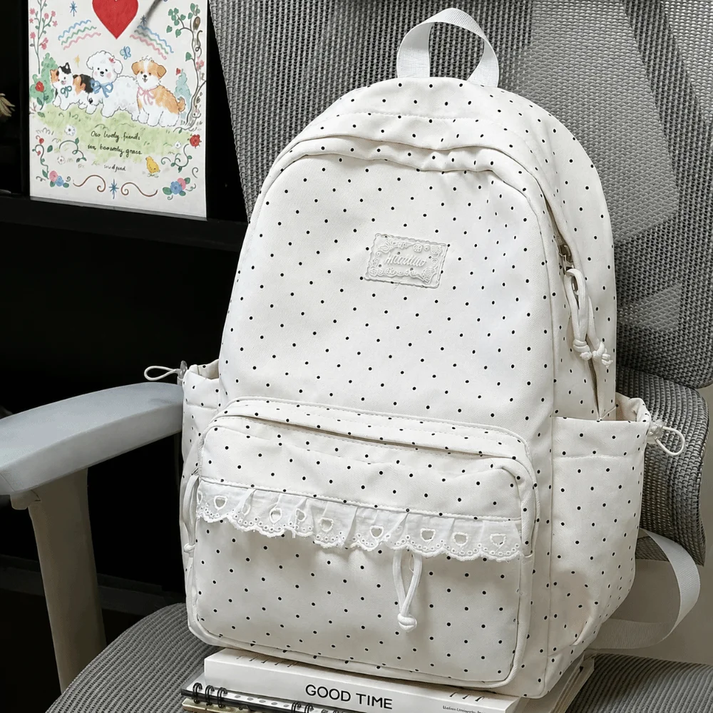 Fashion Polka Dot Travel Backpack Large Capacity Nylon Student Schoolbag Multi-pocket with Lace Laptop Daypack