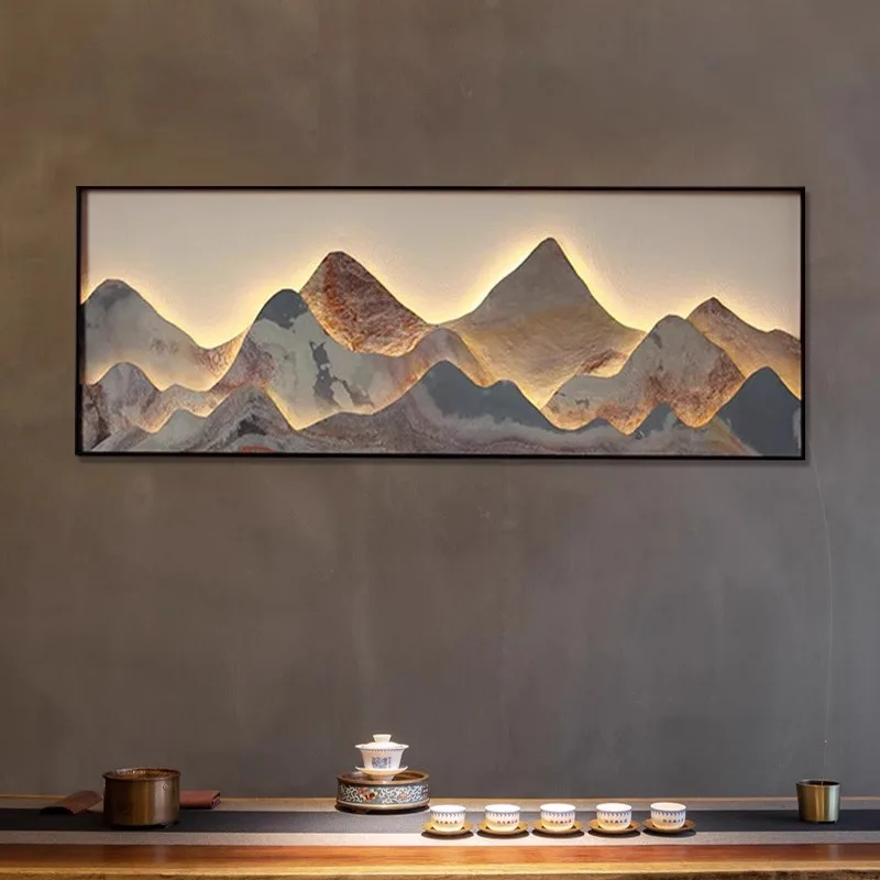 Room Decor Living Room Background Wall Mural With Lamp Landscape Hanging Painting Zen Tea Room Rock Panel Decorative Painting