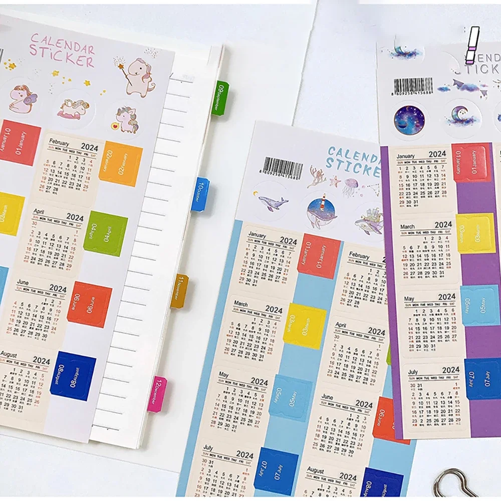 2 Sheets 2024-2025 Calendar Stickers Kawaii Monthly Calendar Stickers Bookmark Notebook Agenda Planner Index Labels Stationery