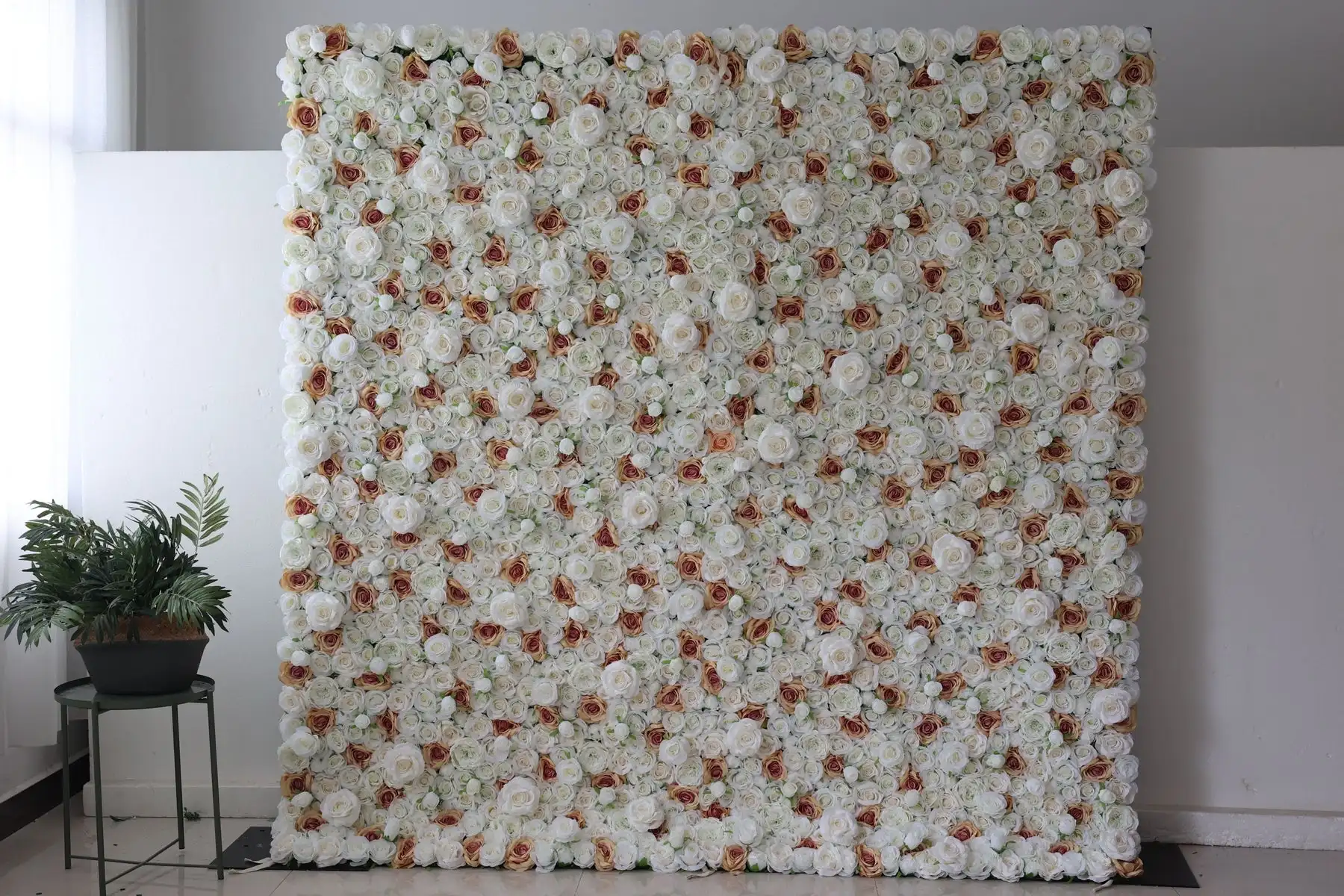 

3D custom series white and gold rose fabric wall, ivory fabric, rolled up artificial mixed wall, wedding background decoration