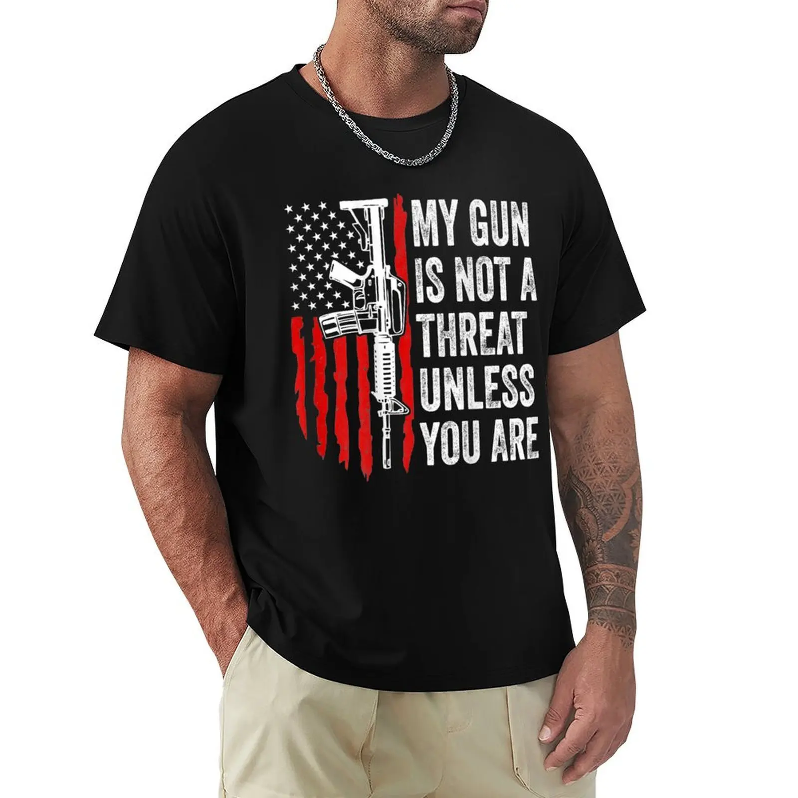 My Gun Is Not A Threat Unless You Are USA Flag (On Back) T-Shirt Plus Size Street Style Tee