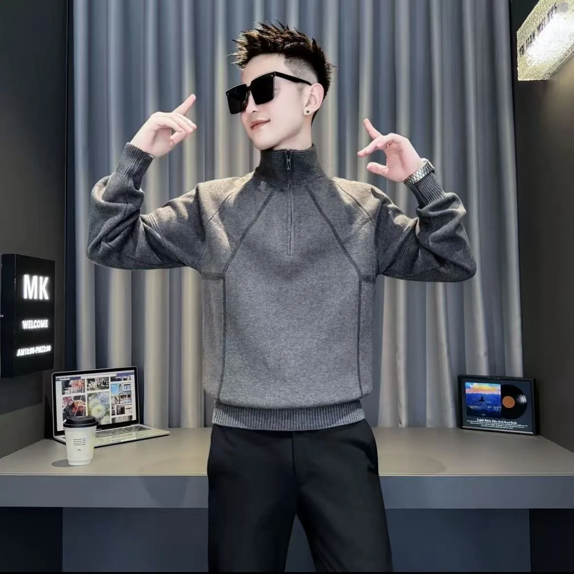 

High Collar Knitted Sweater Men's Slim Fit Long Sve Zipper Casual Sle Warm Base irt Trendy Brand Autumn Winter Faion