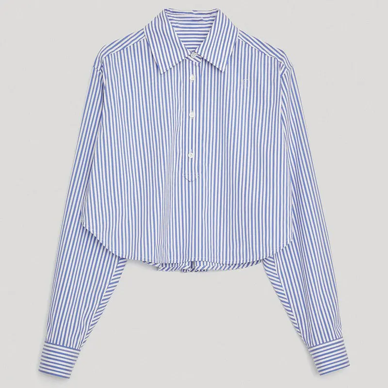 Ladies Loose Casual Re * Blue Striped Shirt Spring And Summer New Short Section High Waist Shirt Fashion