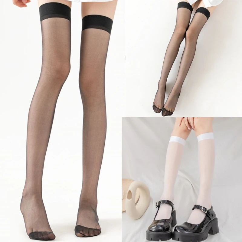 Women's Silky Thigh High Stockings Summer Transparent Over Knee Long Stockings JK Students Nylon Stockings Hosiery