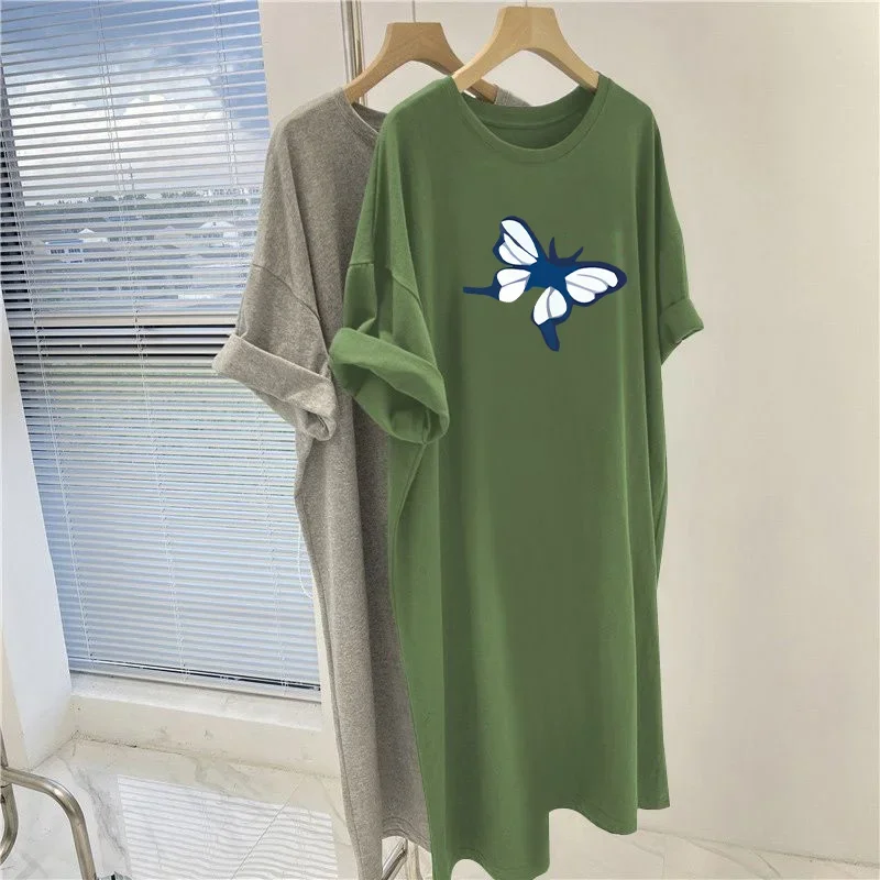 Summer Loose Casual Overknee Tunic, O-neck Short Sleeve Straight Dresses, Women Clothing Cartoon Printed Pullovers Dress