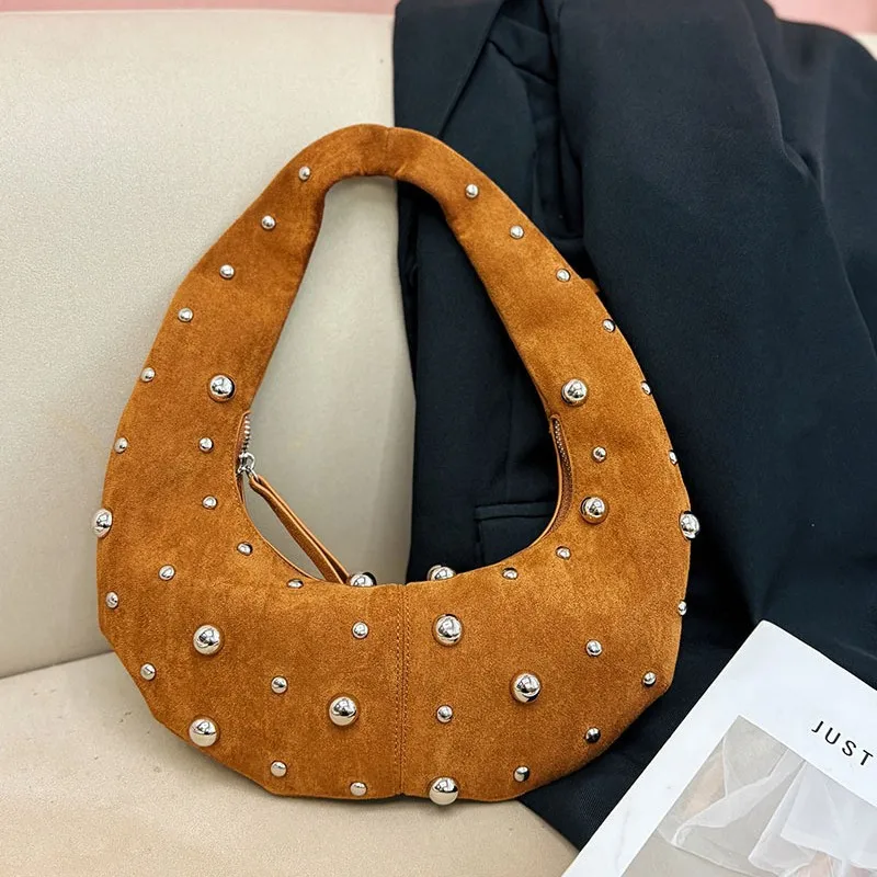 Vintage Rivet Faux Suede Halfmoon Women Shoulder Bags Designer Punk Lady Handbags Luxury Pu Leather Underarm Bag Small Purse2025