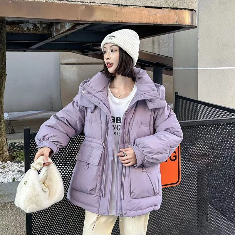 Women\'s Mid-Length Hooded Puffer Jacket Female Winter Coat Korean Loose Warm, Thick Outerwear, Windproof Coats, Down, New, 2024