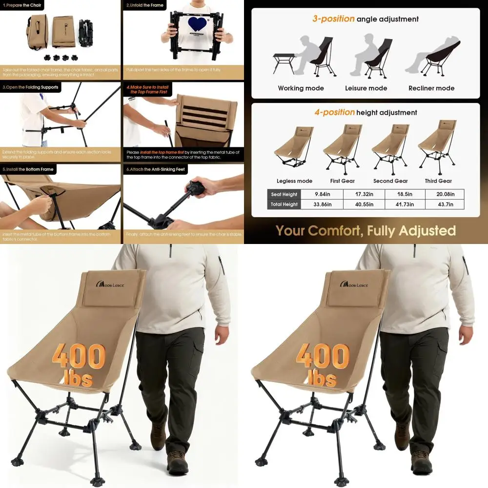 

Adjustable High Back Folding Chair for Adults, 400 lbs Capacity, Pillow Pocket, Wide Seat, Khaki