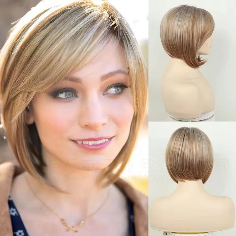 Women's Short , Golden Brown with Highlights, Side Bangs, Bob Style, Synthetic Fiber Wig