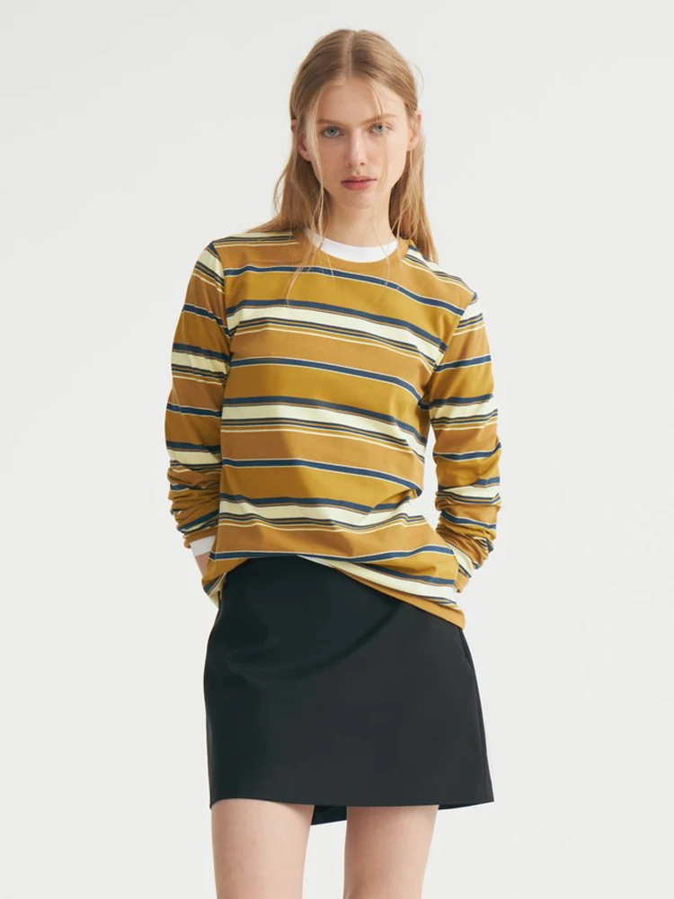 

Fashion Women Long Sleeve Pullover Top New Autumn Round Neck Striped T-Shirt Basic All Matched Shirts Patchwork Casual Shirts