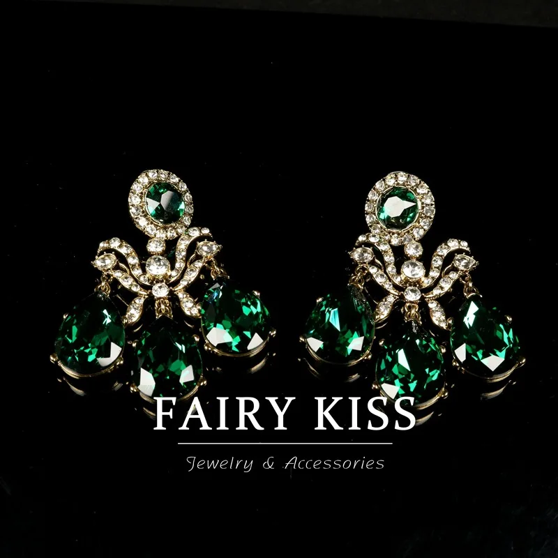 handcraft earrings retro gold-plated diamonds emerald palace-style stud earrings