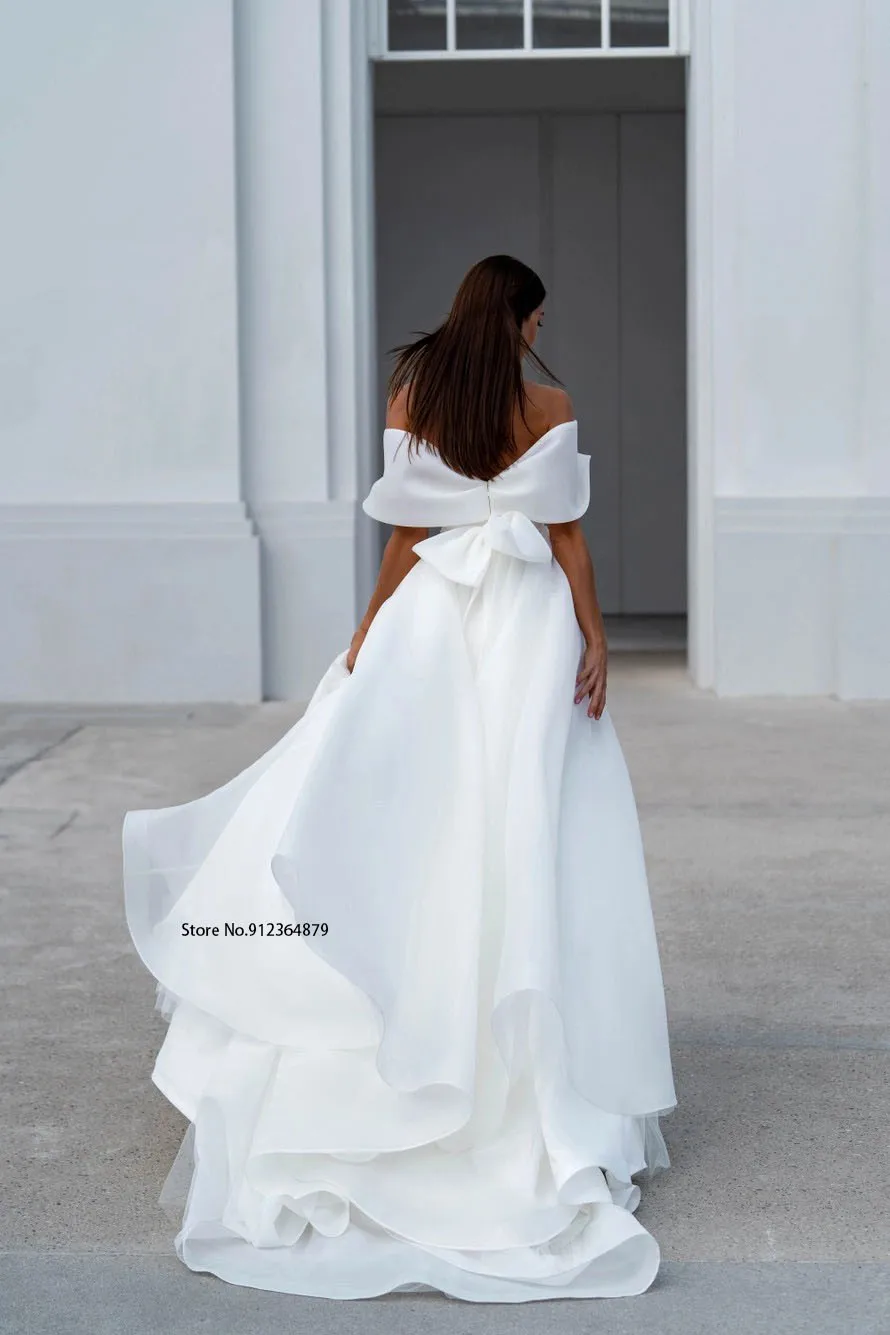 Gorgeous Off The Shoulder V-ncek Organza A Line Wedding Dresses Side Slit Back Bow  Boho Wedding Gowns Princess Robe de Mariee