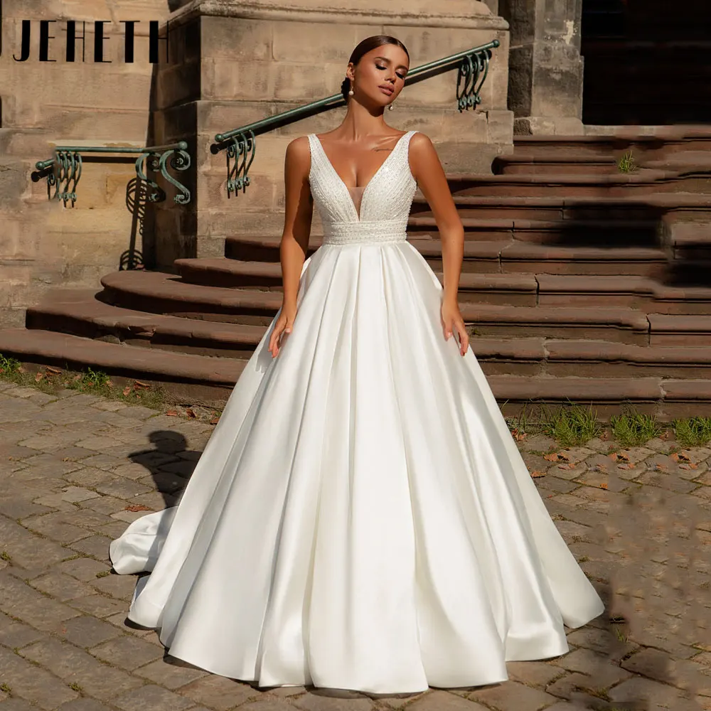 JEHETH Luxury Satin V Neck Wedding Dresses Simple Sleeveless A-Line Bridal Gown Back Lace Up Backless Robe De Mariee Custom Made